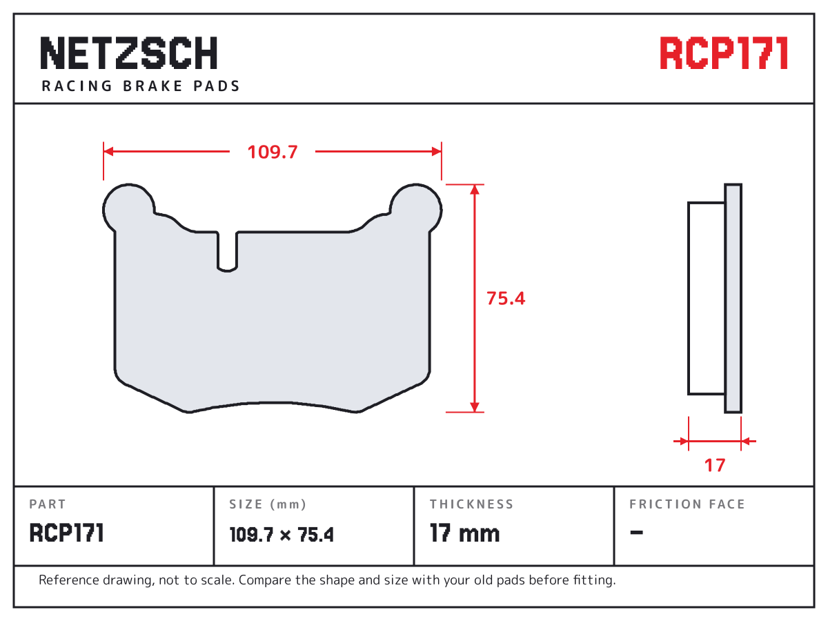 NETZSCH RCP171 brake pad drawing: 109.7 × 75.4 mm, 17 mm thick