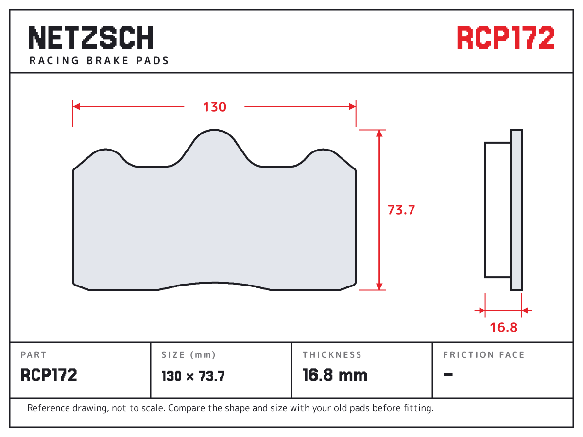 NETZSCH RCP172 brake pad drawing: 130 × 73.7 mm, 16.8 mm thick