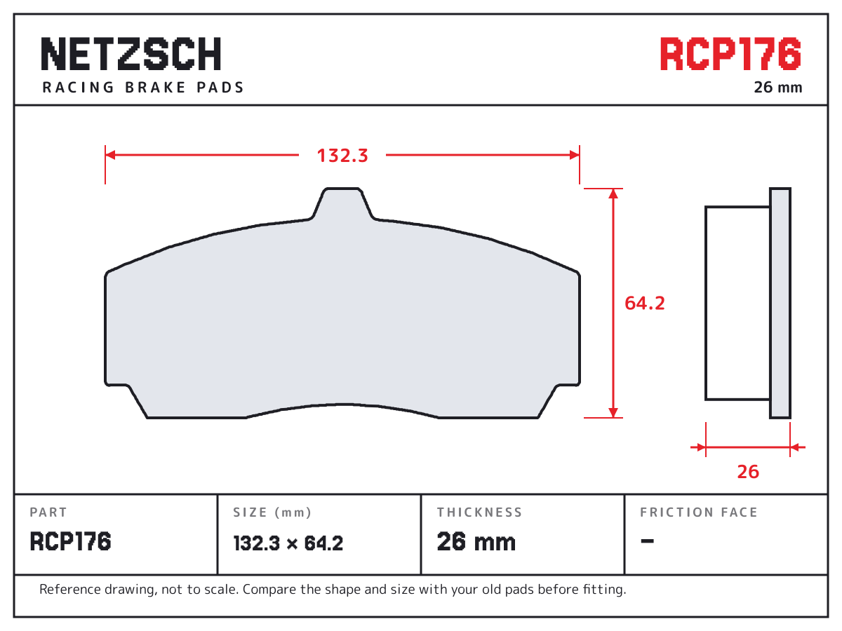 NETZSCH RCP176 brake pad drawing: 132.3 × 64.2 mm, 26 mm thick