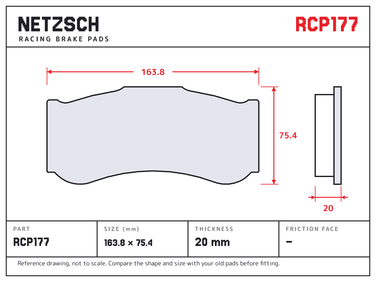 NETZSCH RCP177 brake pad drawing: 163.8 × 75.4 mm, 20 mm thick