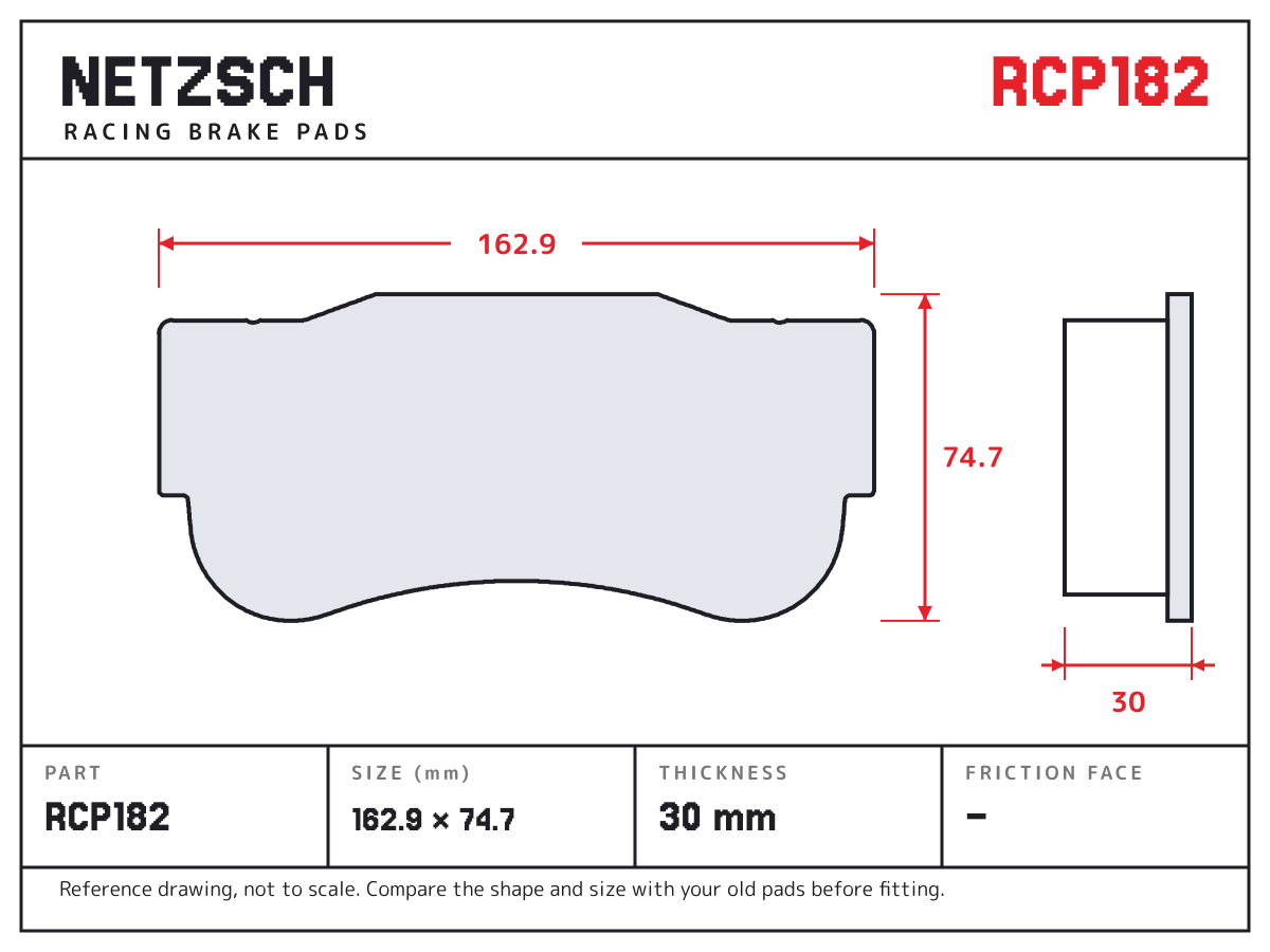 NETZSCH RCP182 brake pad drawing: 162.9 × 74.7 mm, 30 mm thick