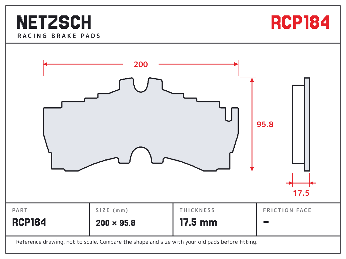 NETZSCH RCP184 brake pad drawing: 200 × 95.8 mm, 17.5 mm thick