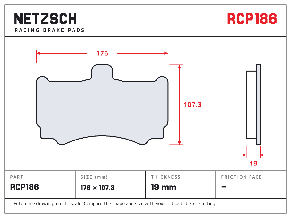 NETZSCH RCP186 brake pad drawing: 176 × 107.3 mm, 19 mm thick