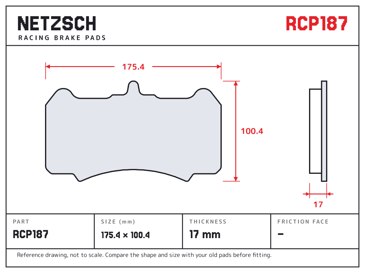 NETZSCH RCP187 brake pad drawing: 175.4 × 100.4 mm, 17 mm thick