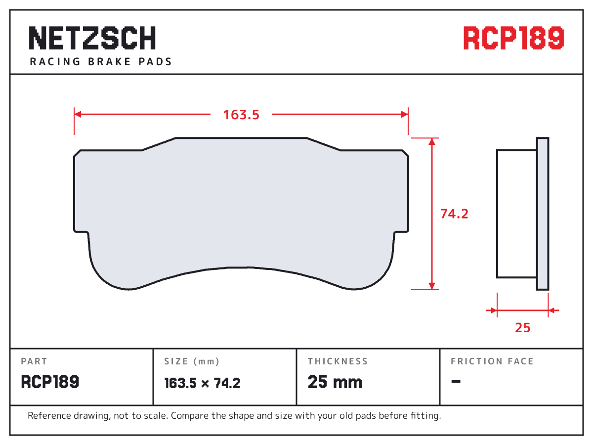 NETZSCH RCP189 brake pad drawing: 163.5 × 74.2 mm, 25 mm thick