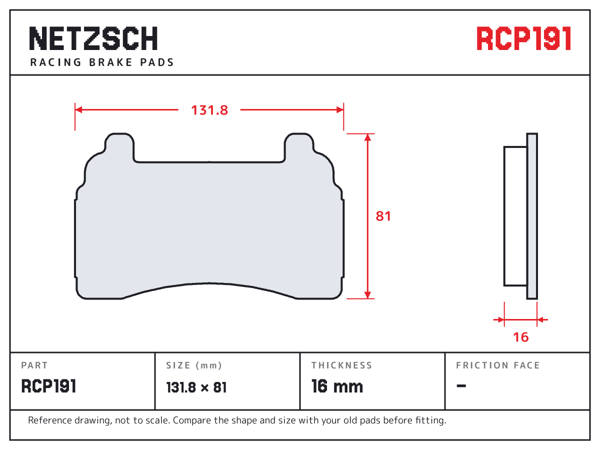 NETZSCH RCP191 brake pad drawing: 131.8 × 81 mm, 16 mm thick