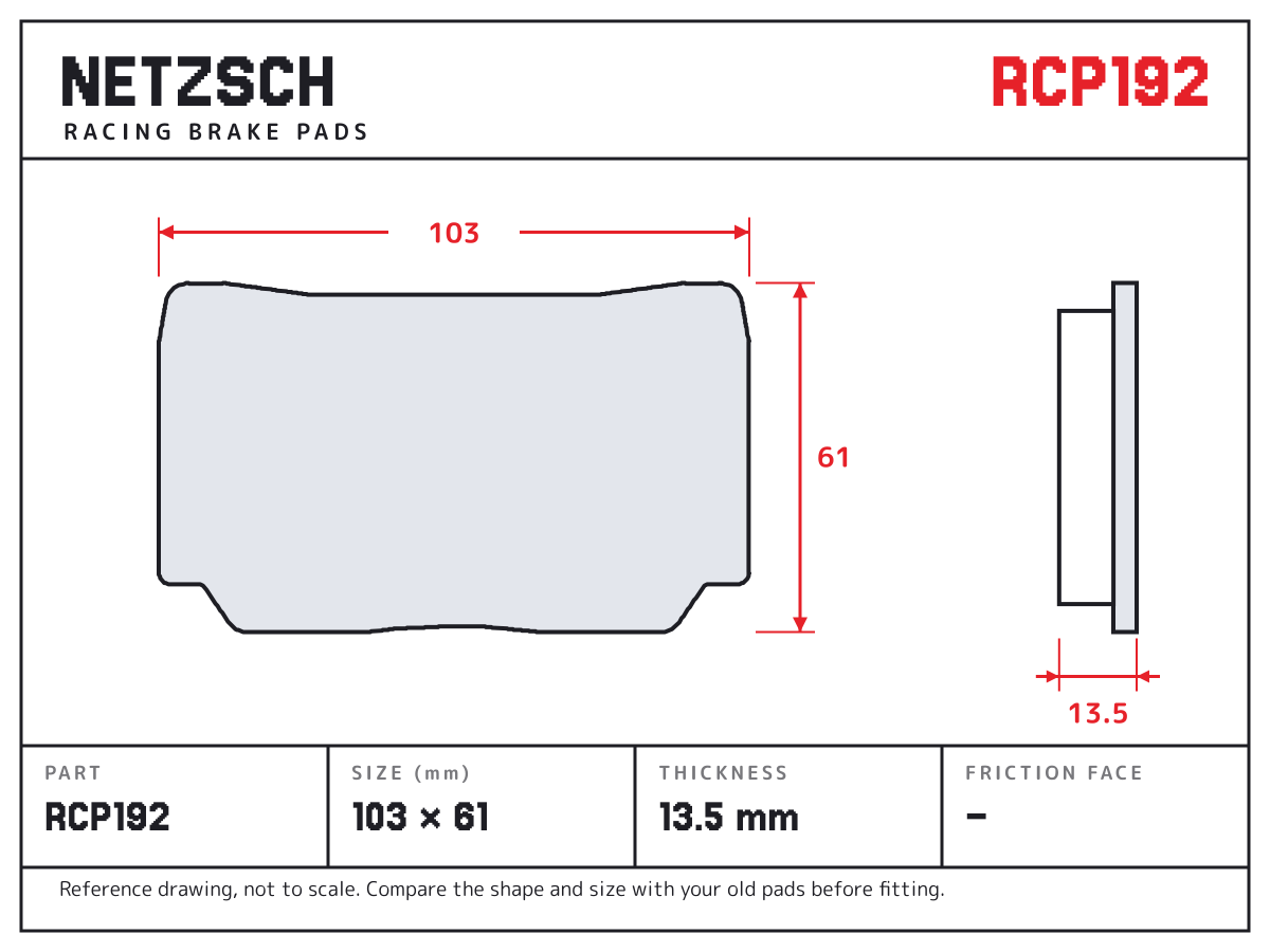 NETZSCH RCP192 brake pad drawing: 103 × 61 mm, 13.5 mm thick