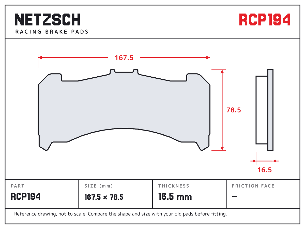NETZSCH RCP194 brake pad drawing: 167.5 × 78.5 mm, 16.5 mm thick