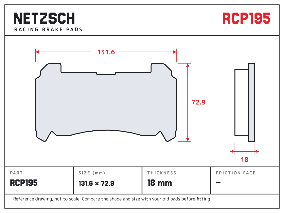 NETZSCH RCP195 brake pad drawing: 131.6 × 72.9 mm, 18 mm thick