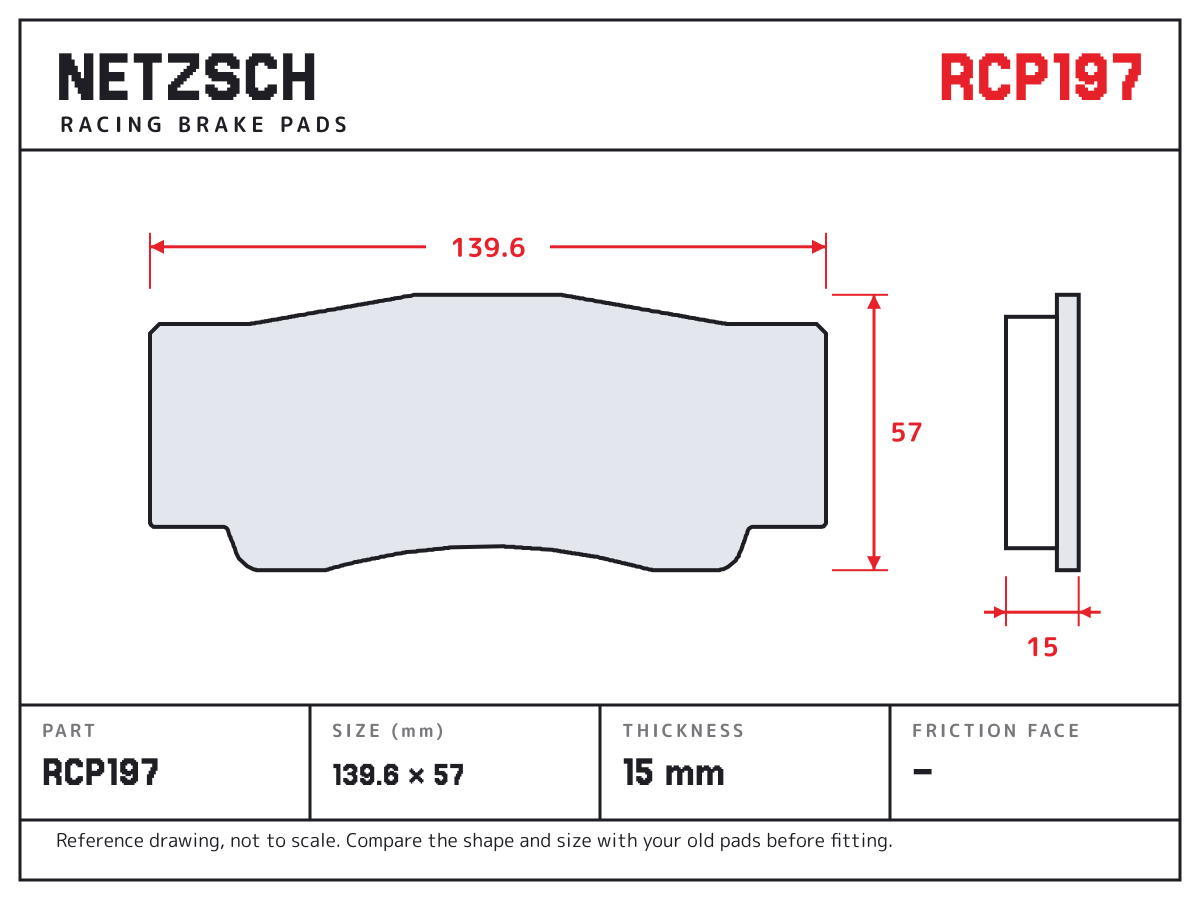 NETZSCH RCP197 brake pad drawing: 139.6 × 57 mm, 15 mm thick