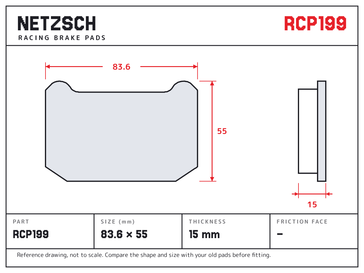 NETZSCH RCP199 brake pad drawing: 83.6 × 55 mm, 15 mm thick