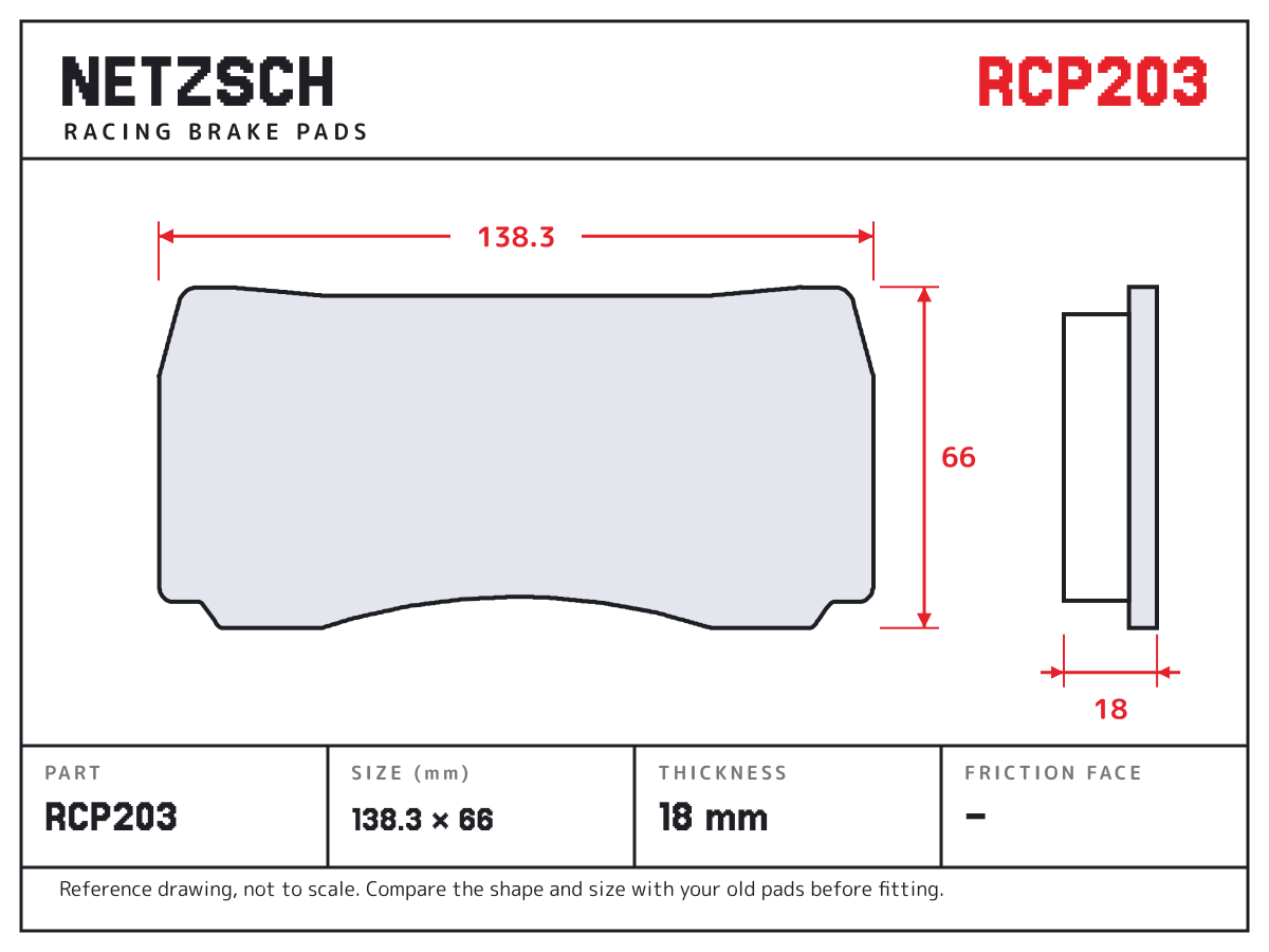 NETZSCH RCP203 brake pad drawing: 138.3 × 66 mm, 18 mm thick