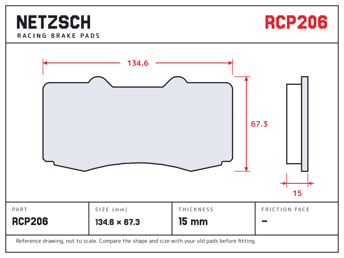 NETZSCH RCP206 brake pad drawing: 134.6 × 67.3 mm, 15 mm thick