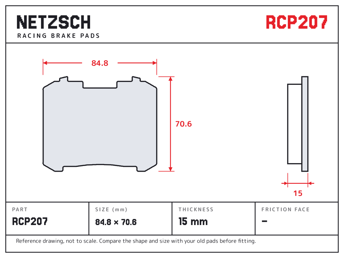 NETZSCH RCP207 brake pad drawing: 84.8 × 70.6 mm, 15 mm thick