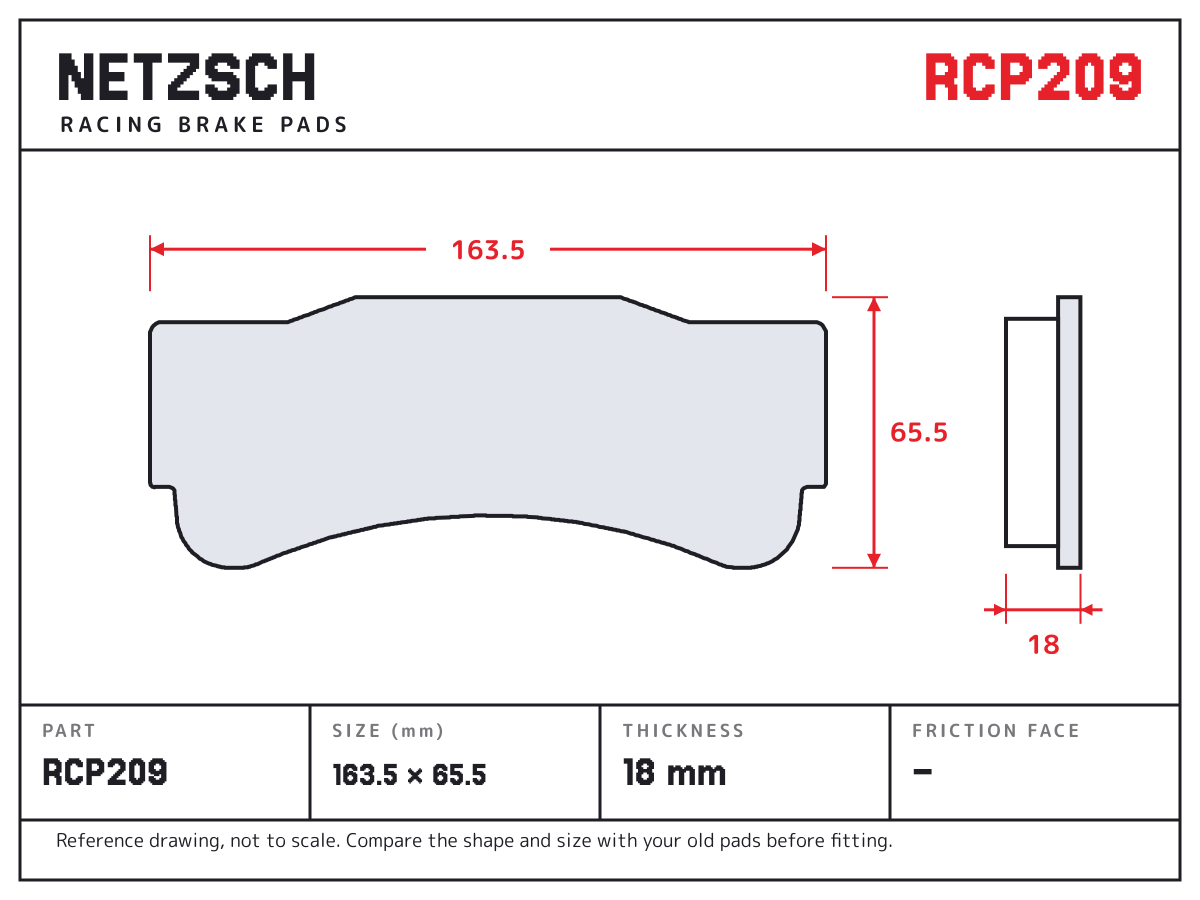 NETZSCH RCP209 brake pad drawing: 163.5 × 65.5 mm, 18 mm thick