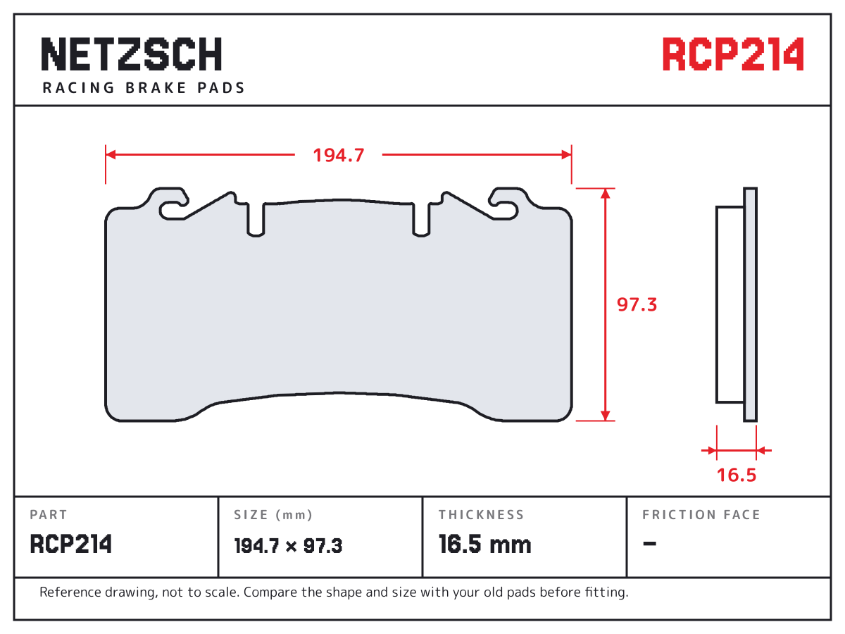 NETZSCH RCP214 brake pad drawing: 194.7 × 97.3 mm, 16.5 mm thick