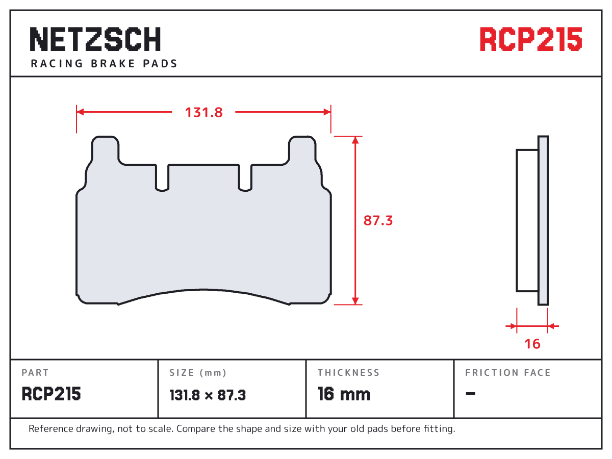 NETZSCH RCP215 brake pad drawing: 131.8 × 87.3 mm, 16 mm thick