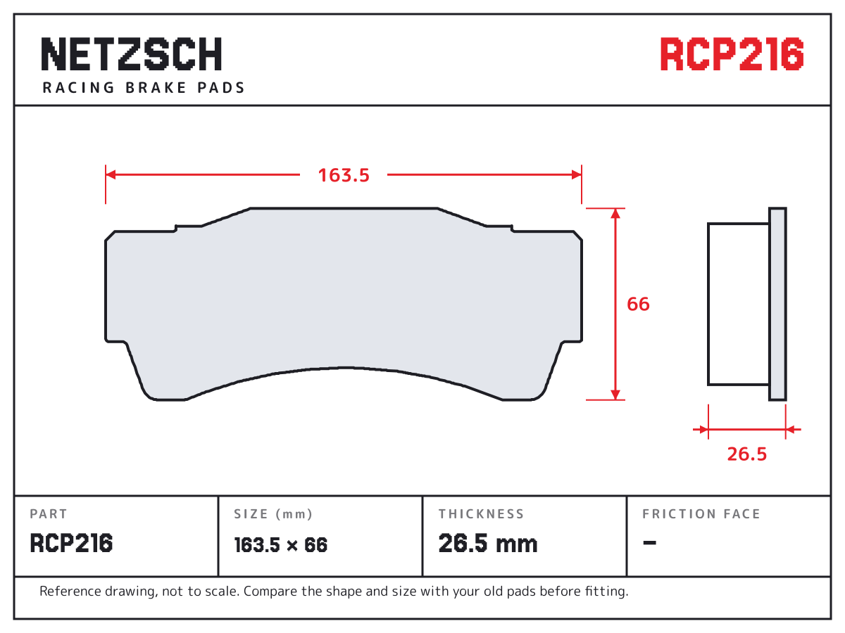 NETZSCH RCP216 brake pad drawing: 163.5 × 66 mm, 26.5 mm thick