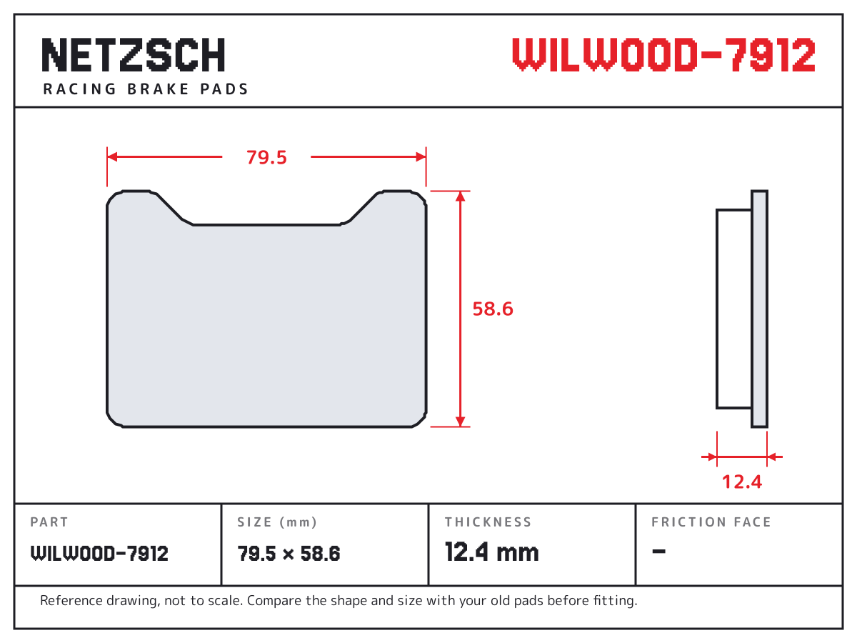 NETZSCH WILWOOD-7912 brake pad drawing: 79.5 × 58.6 mm, 12.4 mm thick