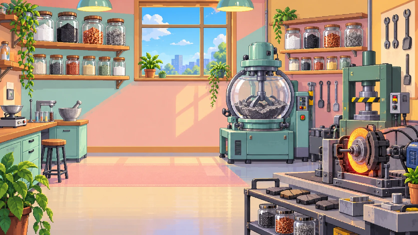 A pixel-art brake-pad lab: jars of ceramic, carbon and copper powders, a mixer, a press and a dyno with a glowing disc
