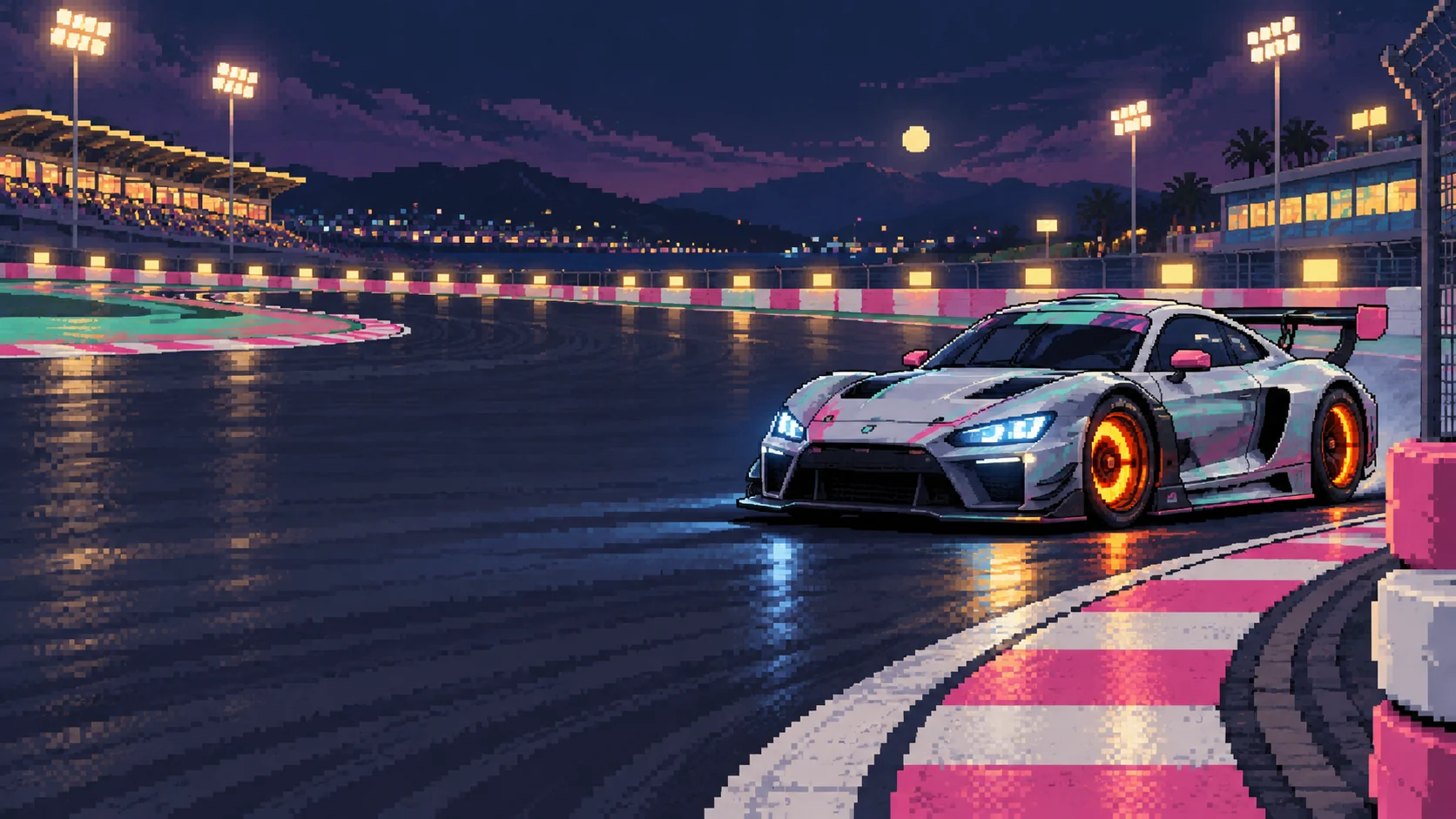 Pixel-art race track at night, a GT car braking with glowing discs
