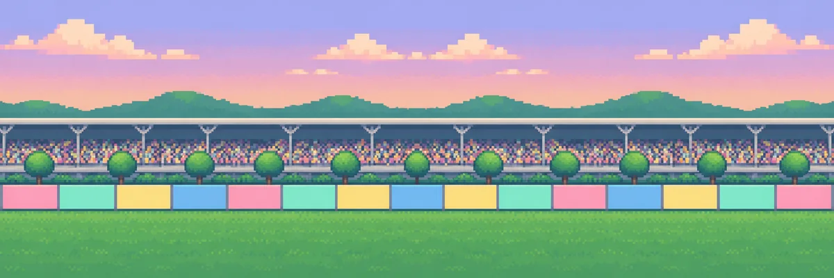 Pixel-art race circuit: a grandstand full of fans, trees and candy-coloured boards along the straight